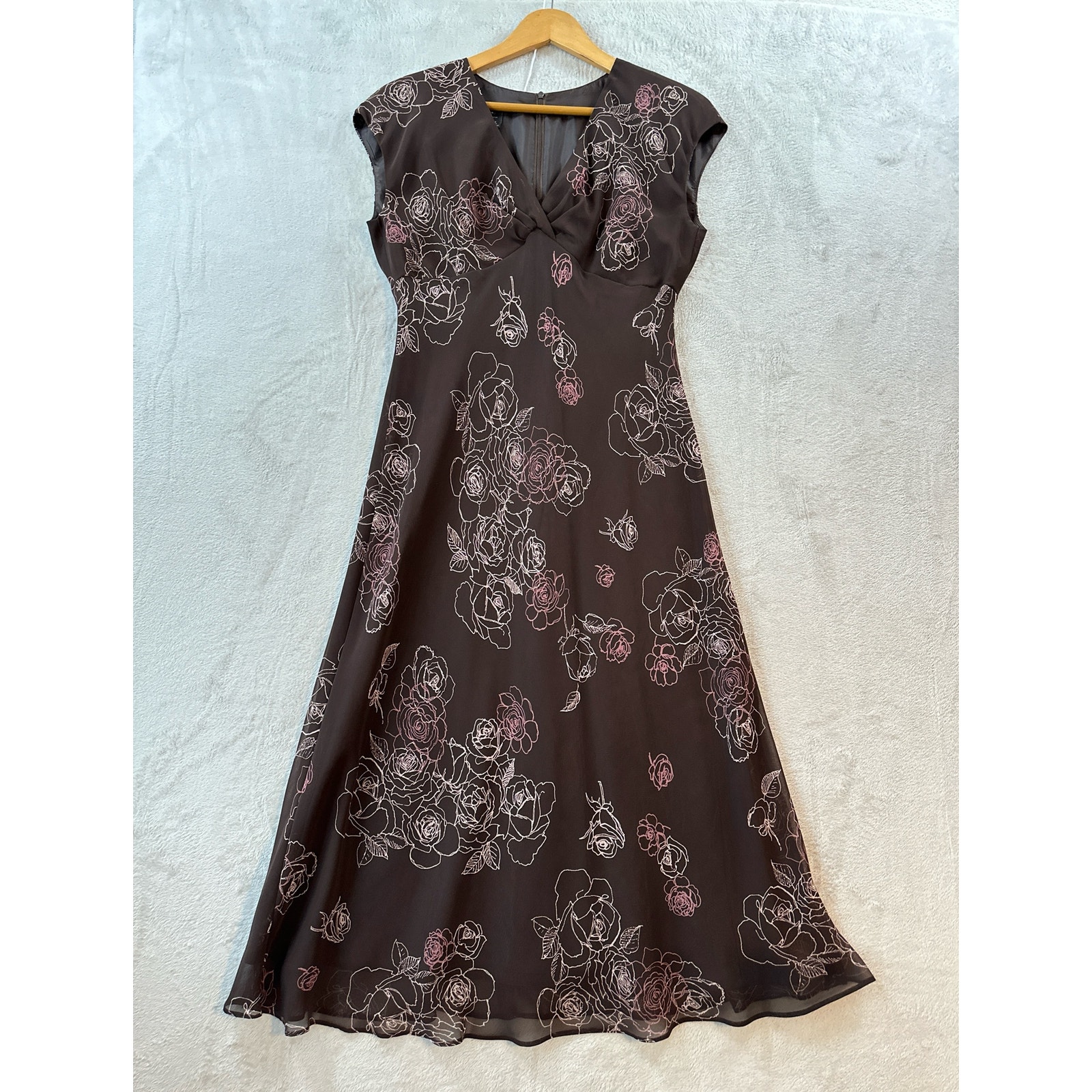 Vintage Y2k Jones Wear Women’s 14 Brown Floral Print Lined Cap Sleeve Maxi Dress